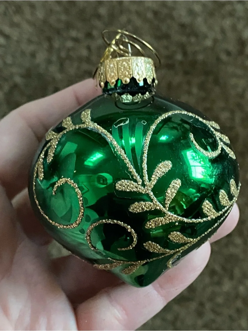 3 VTG 90s Unique Treasures Green Glass Blown Christmas Ornaments Gold Scroll